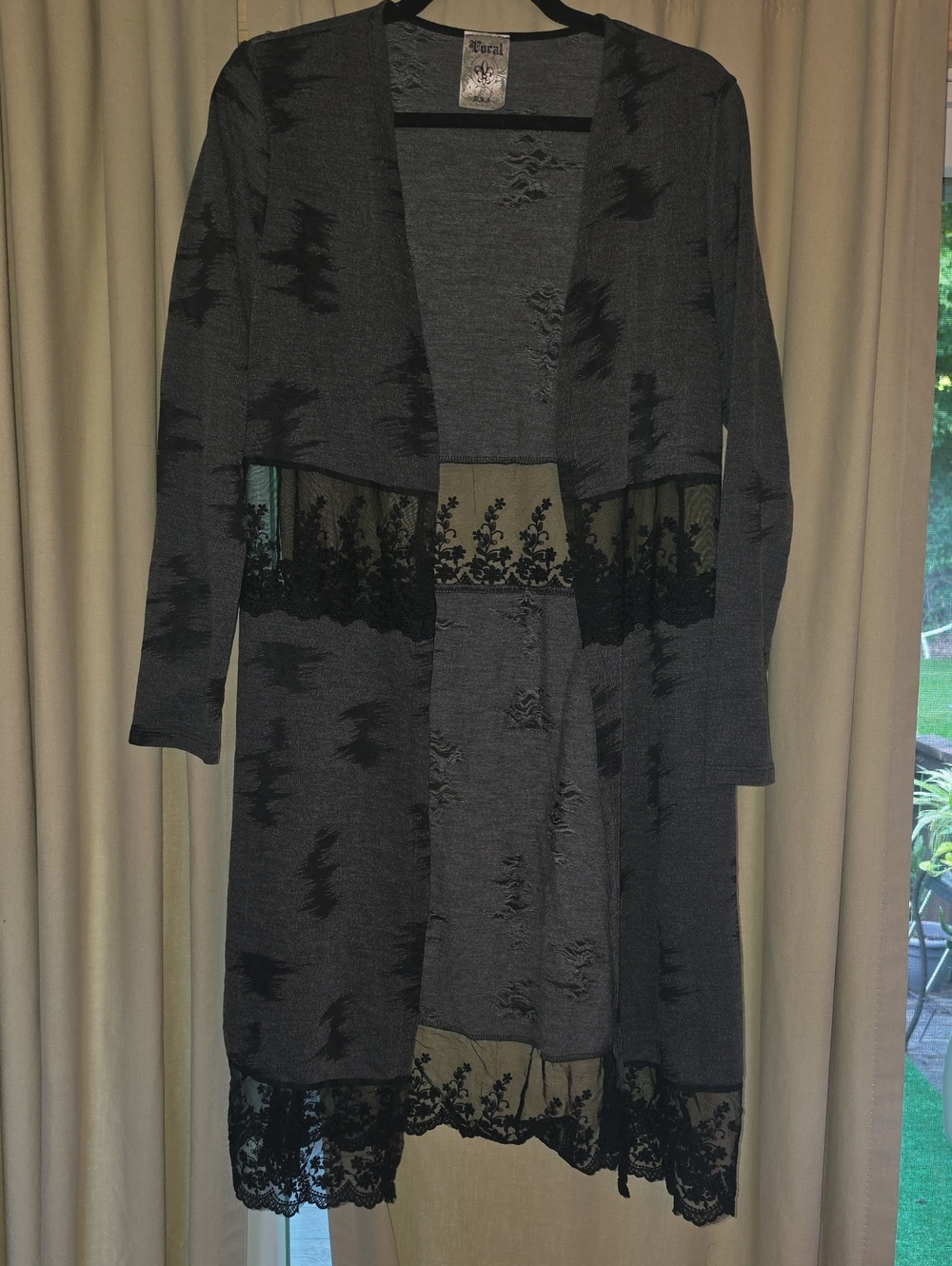 Vocal Dark Gray Knit Long Cardigan with Black Lace Panels